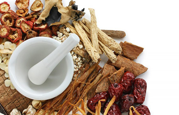 Various medicinal herbs with a mortar and pestle